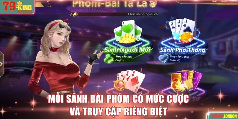 Mỗi sảnh bài Phỏm có mức cược và truy cập riêng biệt